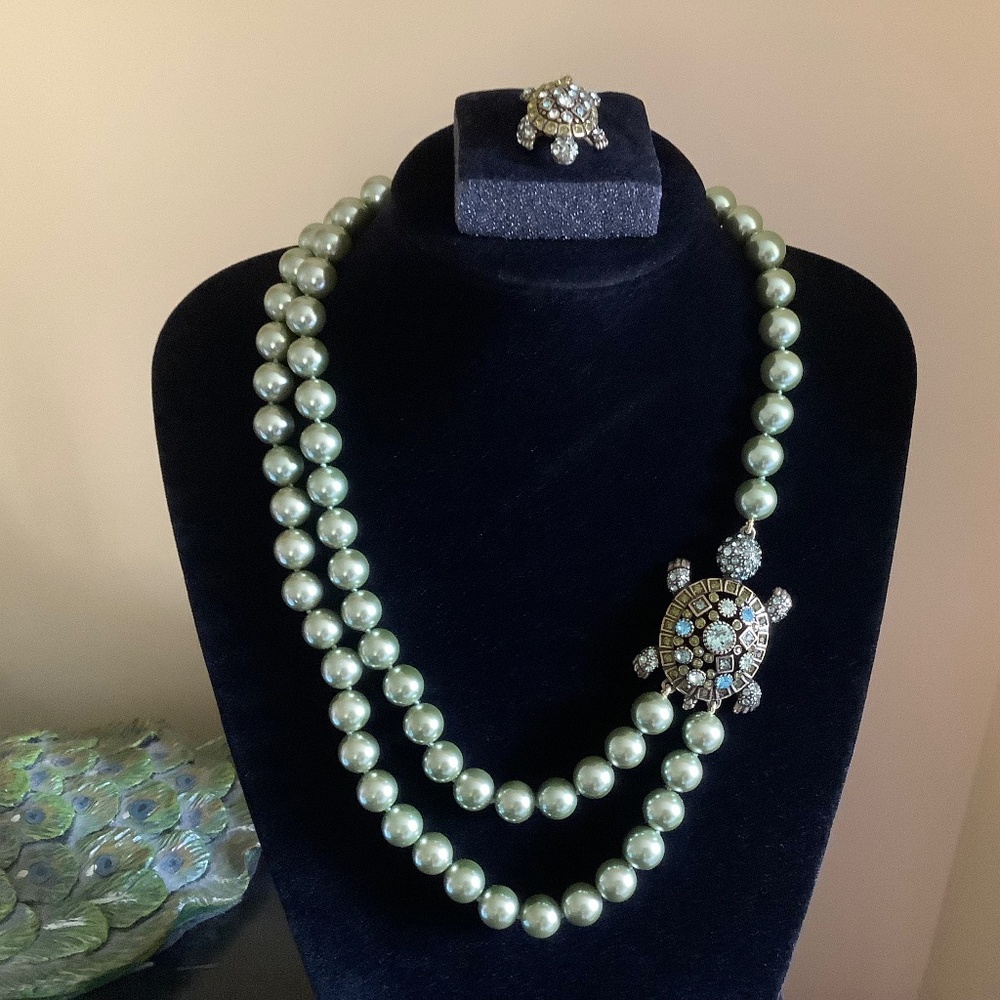 Heidi Daus Simply Irresistible Crystal Turtle Necklace & Matching Ring Pistachio